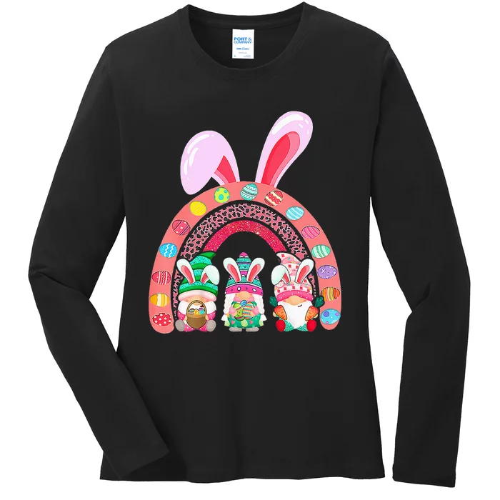 Rainbow Happy Easter Day Cute Gnome Easter Bunny Ladies Long Sleeve Shirt