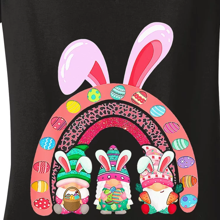 Rainbow Happy Easter Day Cute Gnome Easter Bunny Women's V-Neck T-Shirt