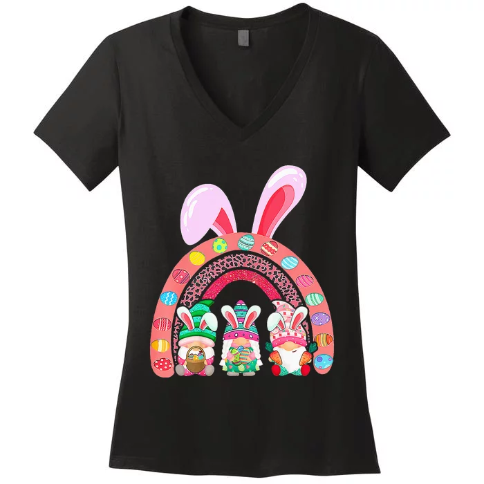 Rainbow Happy Easter Day Cute Gnome Easter Bunny Women's V-Neck T-Shirt