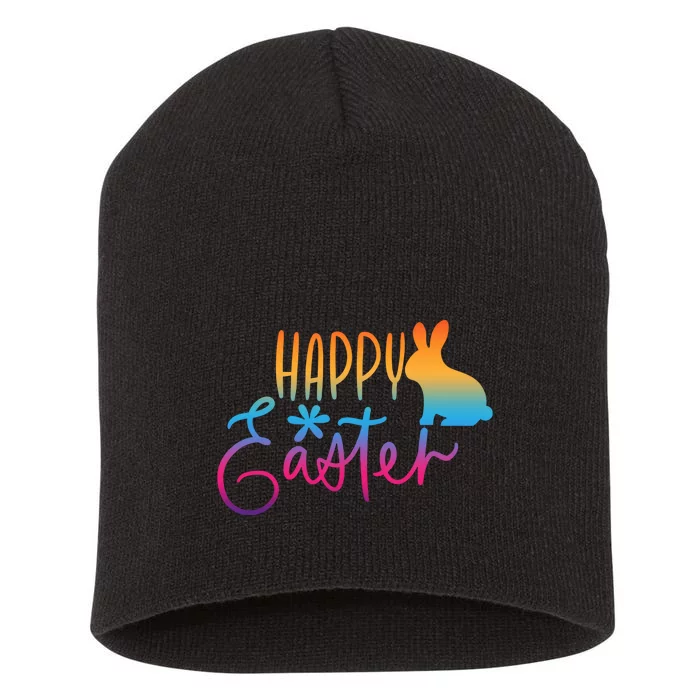 Rainbow Happy Easter Bunny Short Acrylic Beanie