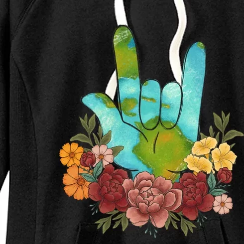 Rock Hand Earth Day Gift Peace Sign Heart Flowers Graphic Funny Gift Women's Fleece Hoodie