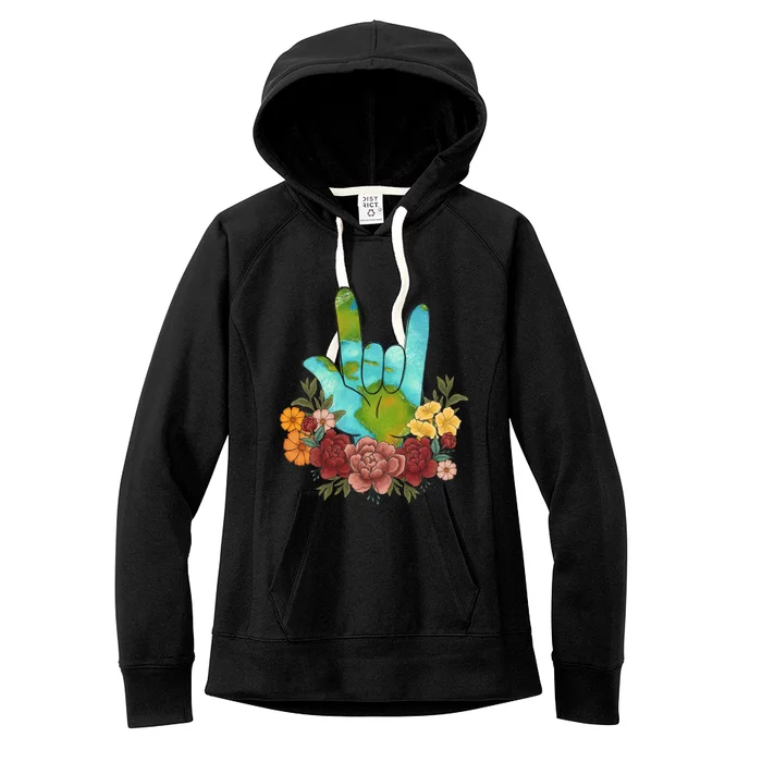 Rock Hand Earth Day Gift Peace Sign Heart Flowers Graphic Funny Gift Women's Fleece Hoodie