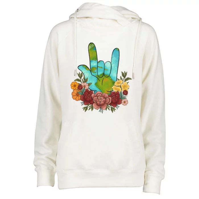 Rock Hand Earth Day Gift Peace Sign Heart Flowers Graphic Funny Gift Womens Funnel Neck Pullover Hood