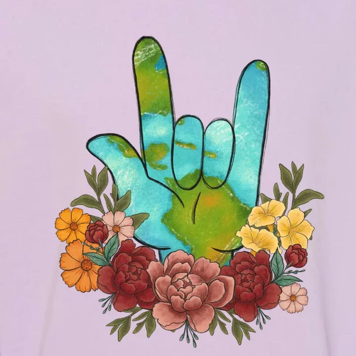 Rock Hand Earth Day Gift Peace Sign Heart Flowers Graphic Funny Gift Garment-Dyed Sweatshirt