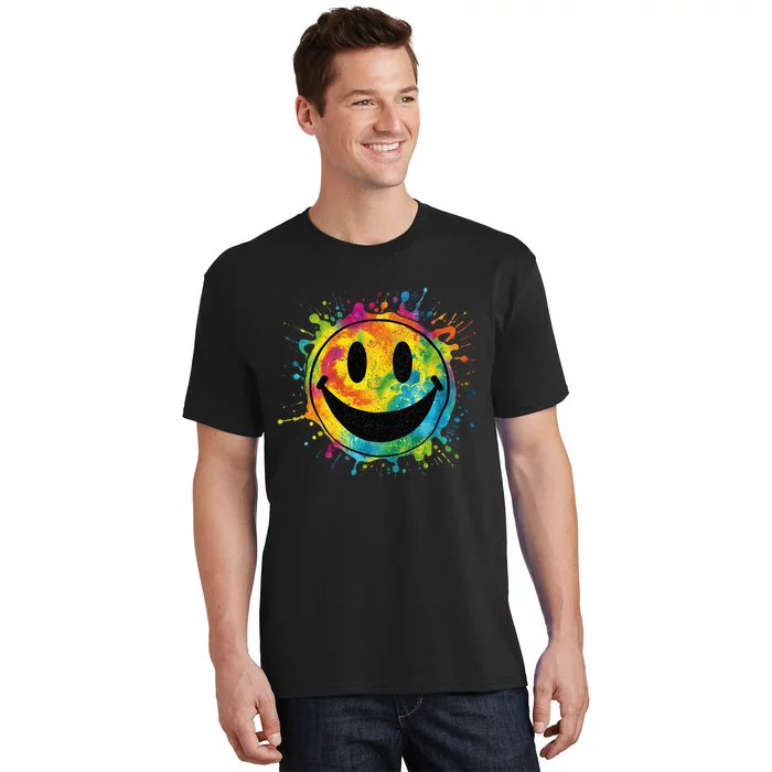 Retro Happy Face Rainbow Tiedye Splatter – 70s Peace Smile T-Shirt