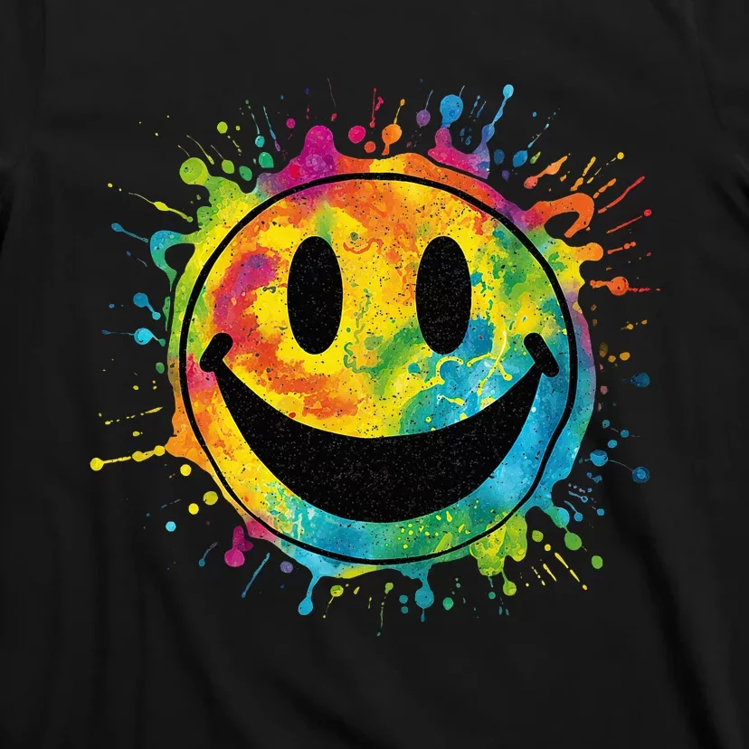 Retro Happy Face Rainbow Tiedye Splatter – 70s Peace Smile T-Shirt