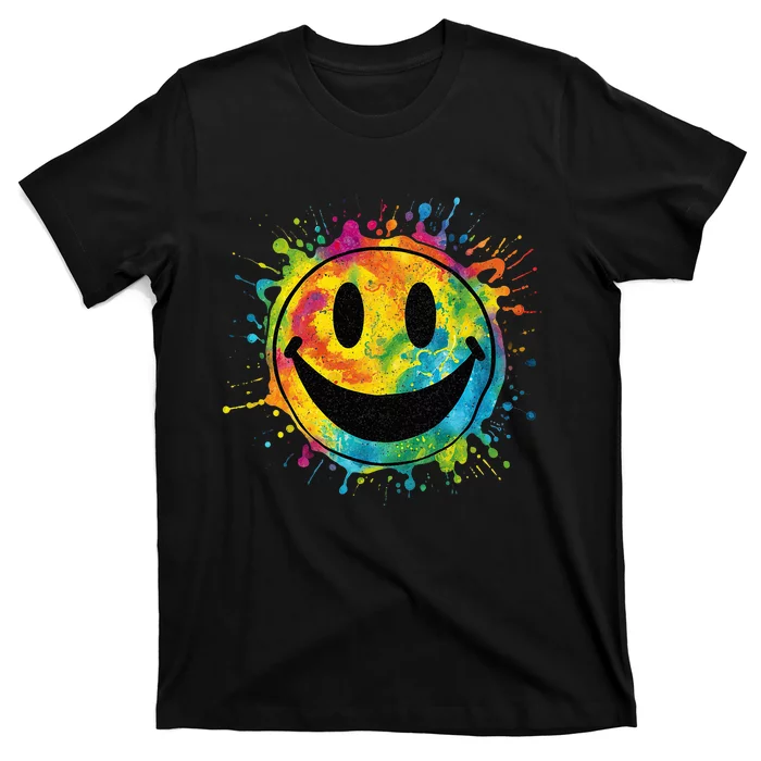 Retro Happy Face Rainbow Tiedye Splatter – 70s Peace Smile T-Shirt