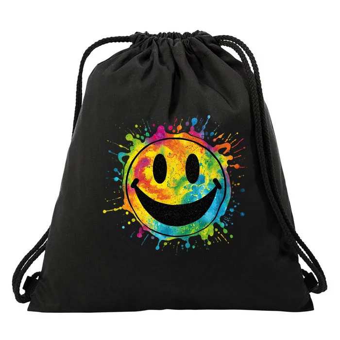 Retro Happy Face Rainbow Tiedye Splatter – 70s Peace Smile Drawstring Bag