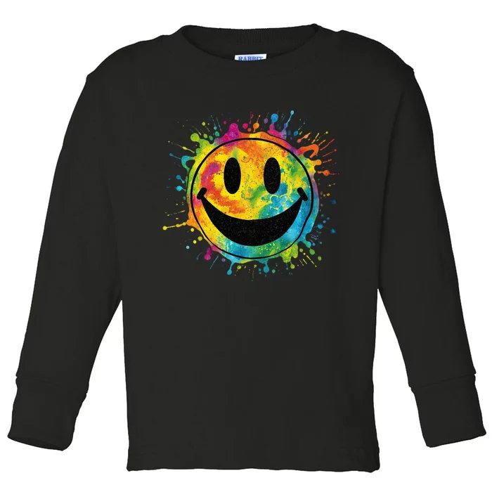 Retro Happy Face Rainbow Tiedye Splatter – 70s Peace Smile Toddler Long Sleeve Shirt