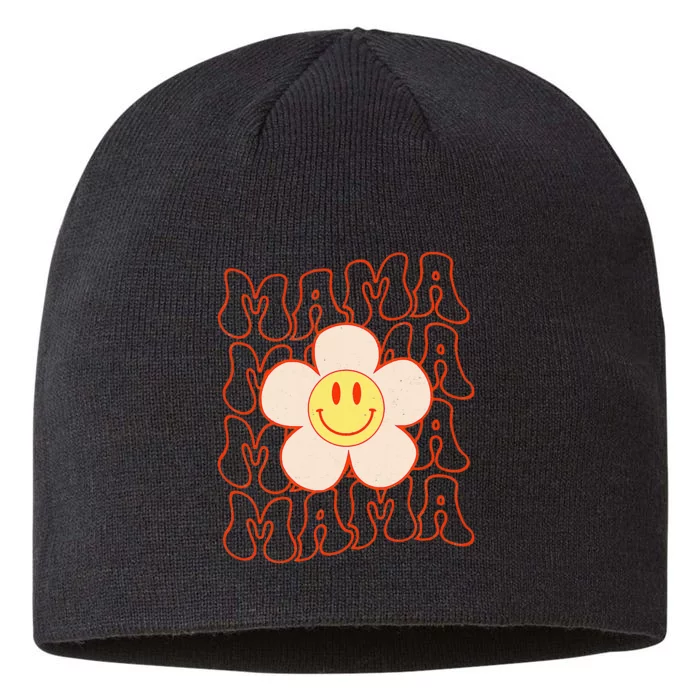 Retro Happy Face Mama Groovy Daisy Flower Smile Face Trendy 8 1/2in Sustainable Knit Beanie