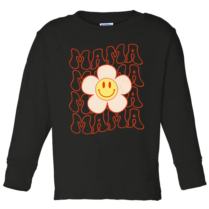 Retro Happy Face Mama Groovy Daisy Flower Smile Face Trendy Toddler Long Sleeve Shirt