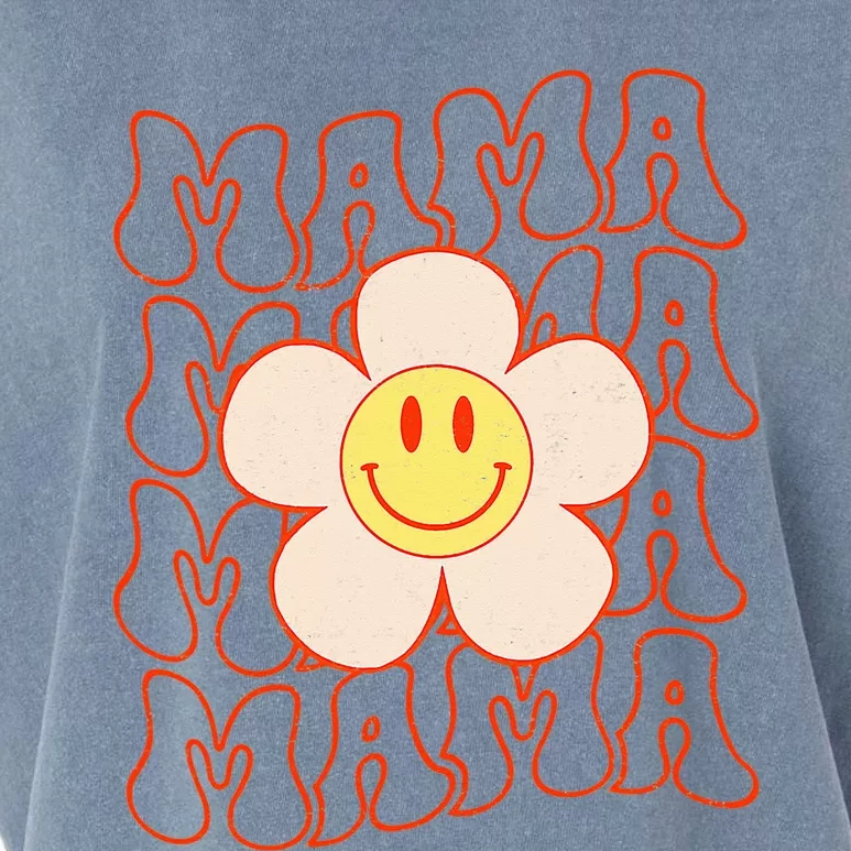 Retro Happy Face Mama Groovy Daisy Flower Smile Face Trendy Garment-Dyed Women's Muscle Tee