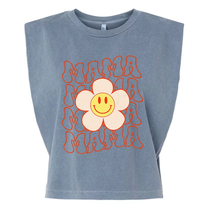 Retro Happy Face Mama Groovy Daisy Flower Smile Face Trendy Garment-Dyed Women's Muscle Tee