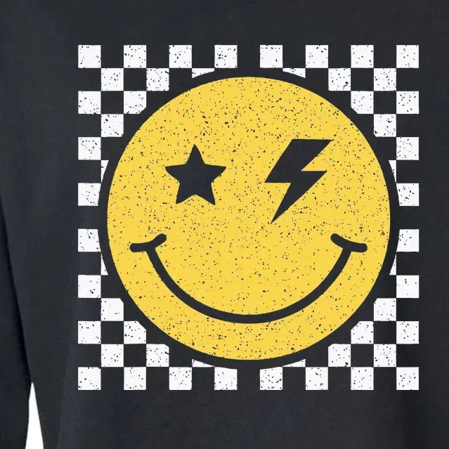 Retro Happy Face Checkered Pattern Smile Face Trendy Smiling Cropped Pullover Crew