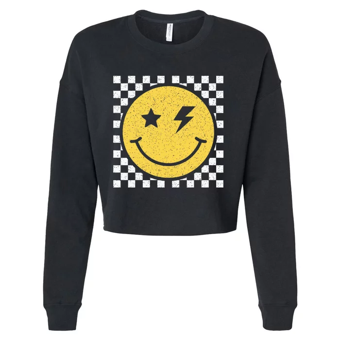 Retro Happy Face Checkered Pattern Smile Face Trendy Smiling Cropped Pullover Crew