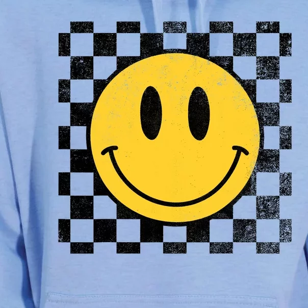 Retro Happy Face 70s Distressed Checkered Pattern Smile Face Unisex Surf Hoodie