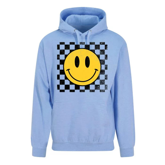 Retro Happy Face 70s Distressed Checkered Pattern Smile Face Unisex Surf Hoodie