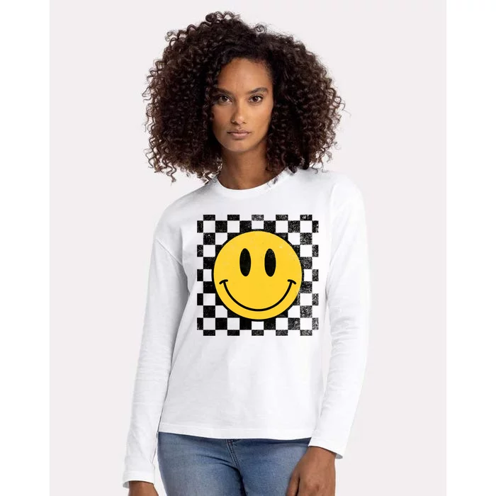 Retro Happy Face 70s Distressed Checkered Pattern Smile Face Womens Cotton Relaxed Long Sleeve T-Shirt