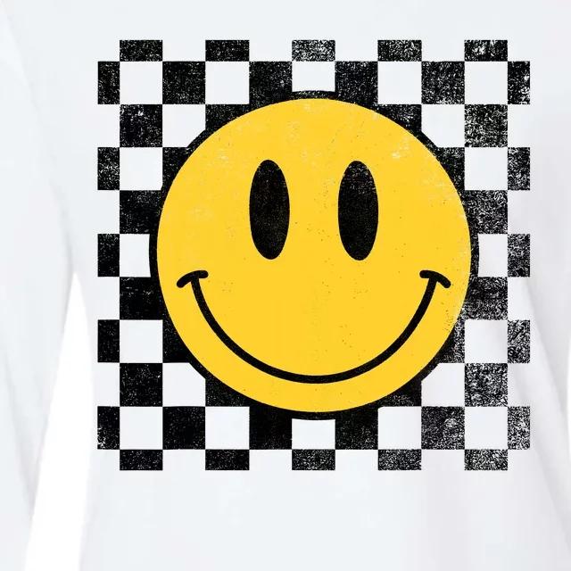 Retro Happy Face 70s Distressed Checkered Pattern Smile Face Womens Cotton Relaxed Long Sleeve T-Shirt