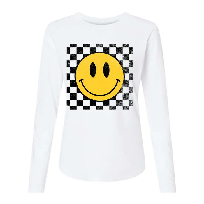 Retro Happy Face 70s Distressed Checkered Pattern Smile Face Womens Cotton Relaxed Long Sleeve T-Shirt