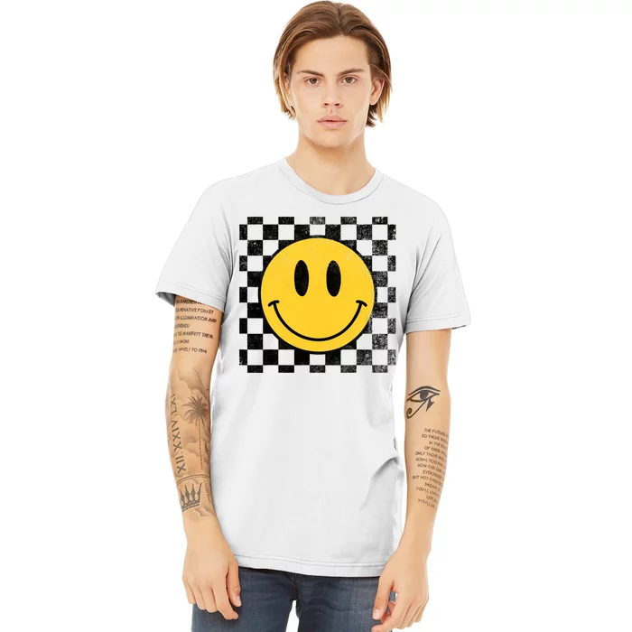 Retro Happy Face 70s Distressed Checkered Pattern Smile Face Premium T-Shirt