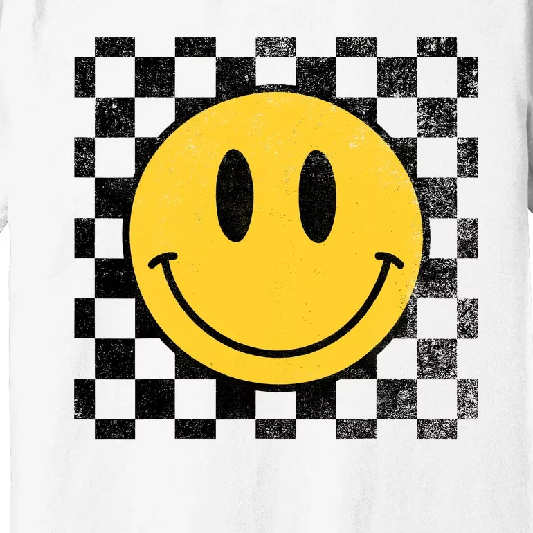 Retro Happy Face 70s Distressed Checkered Pattern Smile Face Premium T-Shirt