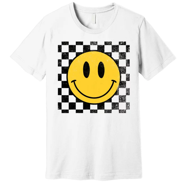 Retro Happy Face 70s Distressed Checkered Pattern Smile Face Premium T-Shirt