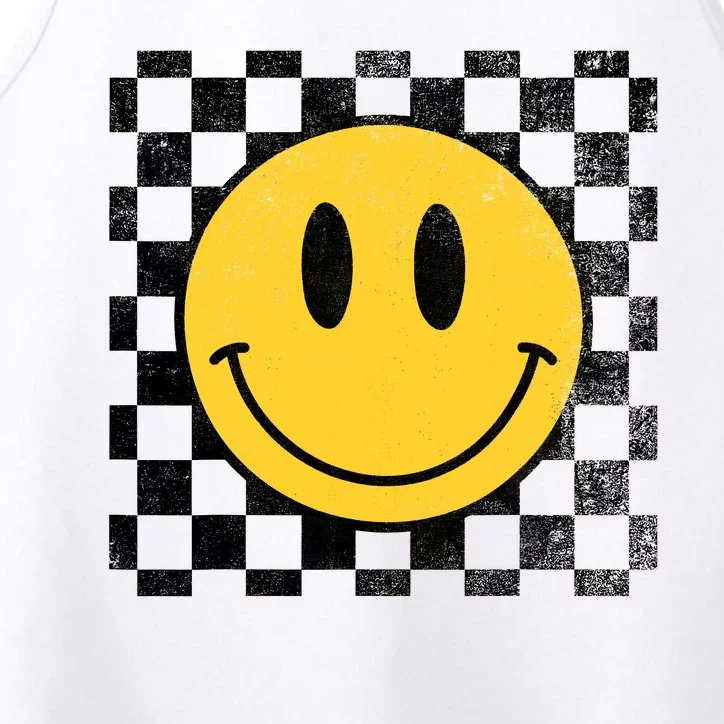 Retro Happy Face 70s Distressed Checkered Pattern Smile Face Performance Tank