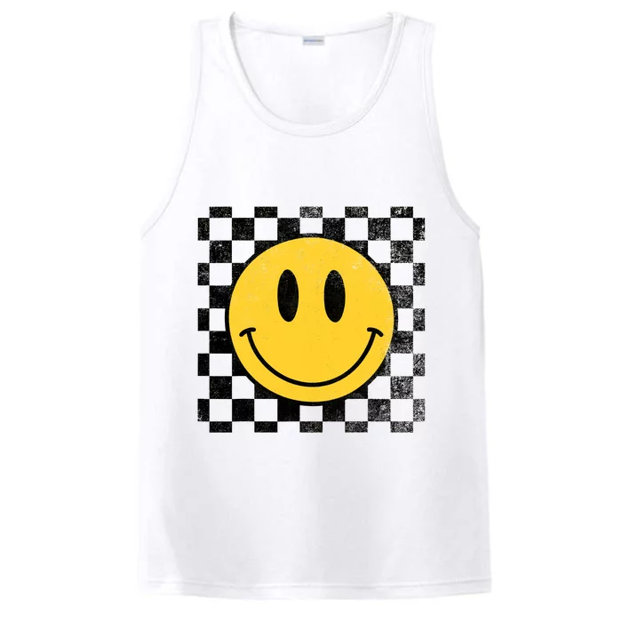 Retro Happy Face 70s Distressed Checkered Pattern Smile Face Performance Tank