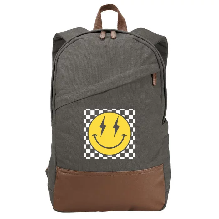 Retro Happy Face Distressed Checkered Pattern Smile Face Cotton Canvas Backpack