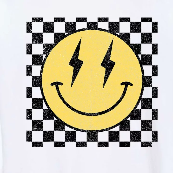 Retro Happy Face Checkered Pattern Smile Face Garment-Dyed Sweatshirt