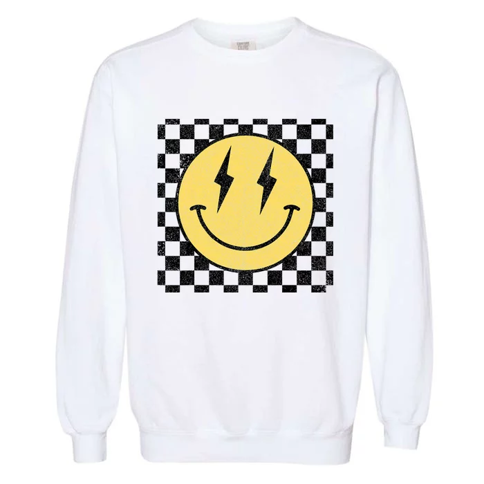 Retro Happy Face Checkered Pattern Smile Face Garment-Dyed Sweatshirt