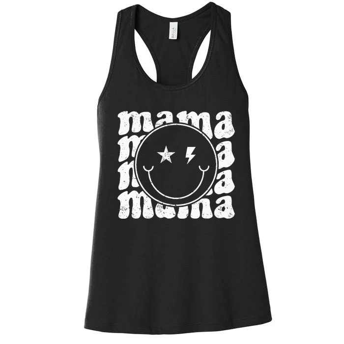 Retro Happy Face Mama Groovy Trendy New Mom Smile Face Women's Racerback Tank