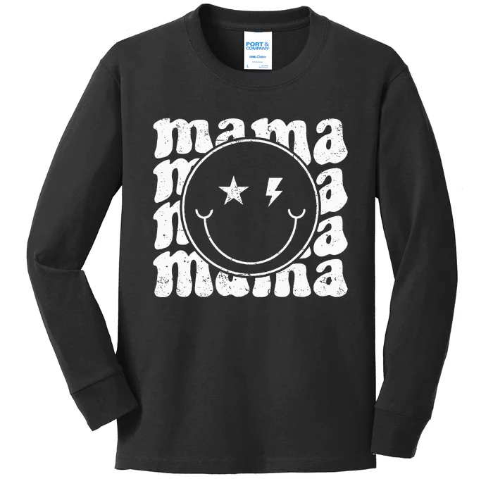 Retro Happy Face Mama Groovy Trendy New Mom Smile Face Kids Long Sleeve Shirt