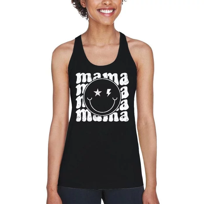 Retro Happy Face Mama Groovy Trendy New Mom Smile Face Women's Racerback Tank