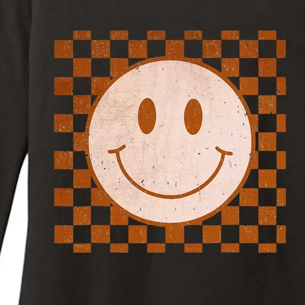 Retro Happy Face Tee Smile Face Checkered Pattern Trendy Womens CVC Long Sleeve Shirt