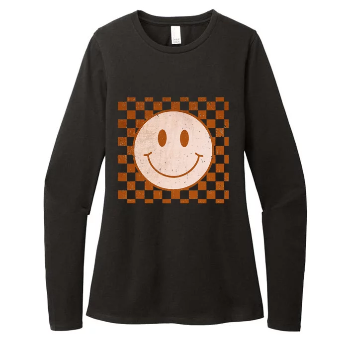 Retro Happy Face Tee Smile Face Checkered Pattern Trendy Womens CVC Long Sleeve Shirt