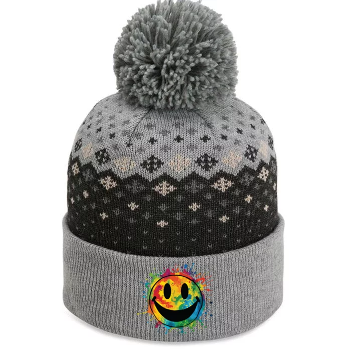 Retro Happy Face Rainbow Tiedye Splatter 70s Peace Smile The Baniff Cuffed Pom Beanie