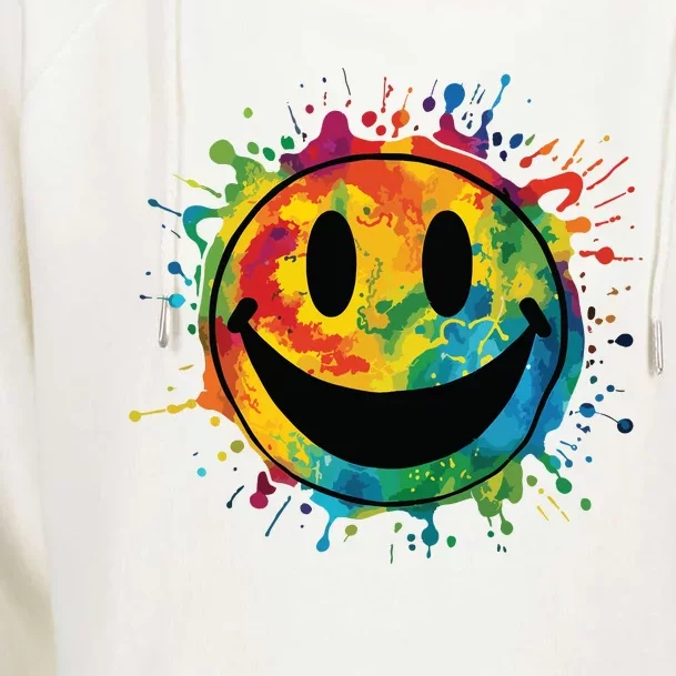 Retro Happy Face Rainbow Tiedye Splatter 70s Peace Smile Womens Funnel Neck Pullover Hood