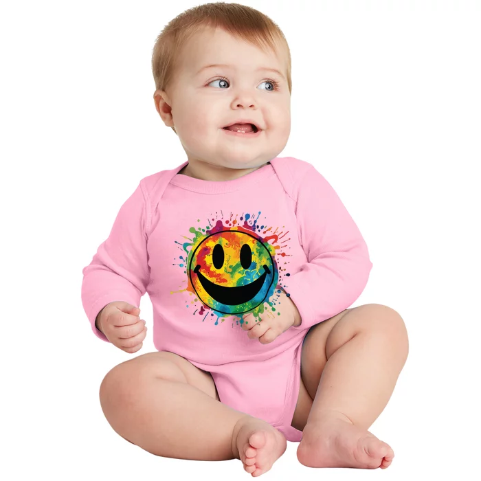 Retro Happy Face Rainbow Tiedye Splatter 70s Peace Smile Baby Long Sleeve Bodysuit