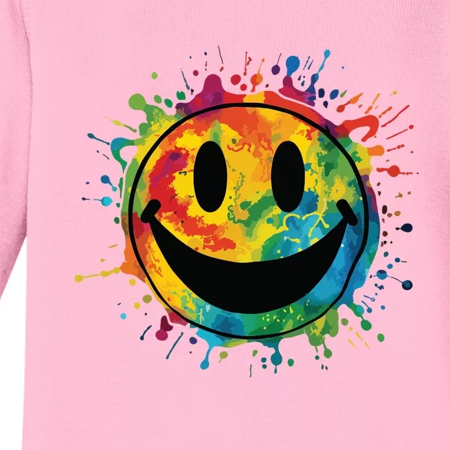 Retro Happy Face Rainbow Tiedye Splatter 70s Peace Smile Baby Long Sleeve Bodysuit