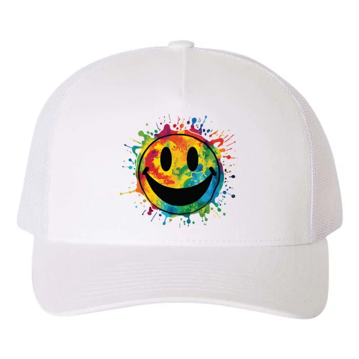 Retro Happy Face Rainbow Tiedye Splatter 70s Peace Smile Yupoong Adult 5-Panel Trucker Hat