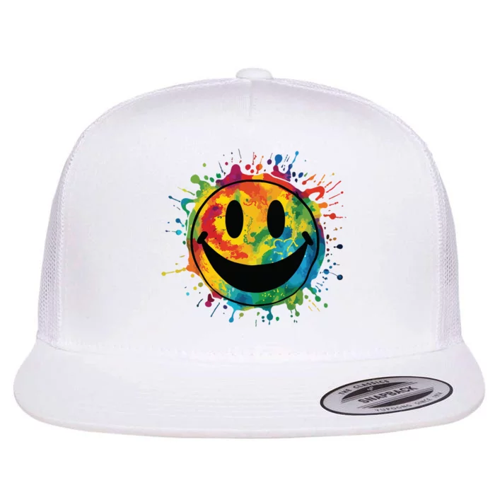 Retro Happy Face Rainbow Tiedye Splatter 70s Peace Smile Flat Bill Trucker Hat