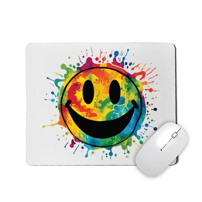 Retro Happy Face Rainbow Tiedye Splatter 70s Peace Smile Mousepad