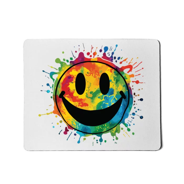 Retro Happy Face Rainbow Tiedye Splatter 70s Peace Smile Mousepad