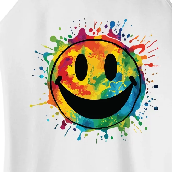 Retro Happy Face Rainbow Tiedye Splatter 70s Peace Smile Women’s Perfect Tri Rocker Tank