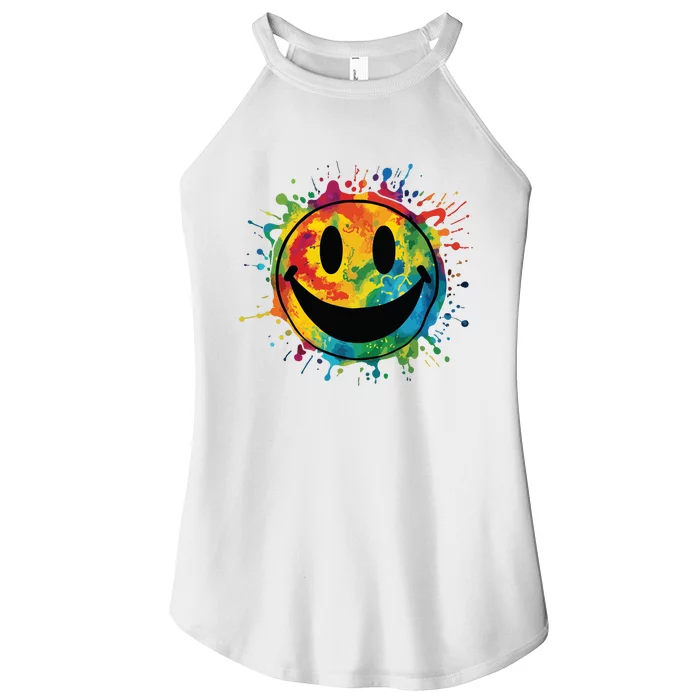 Retro Happy Face Rainbow Tiedye Splatter 70s Peace Smile Women’s Perfect Tri Rocker Tank