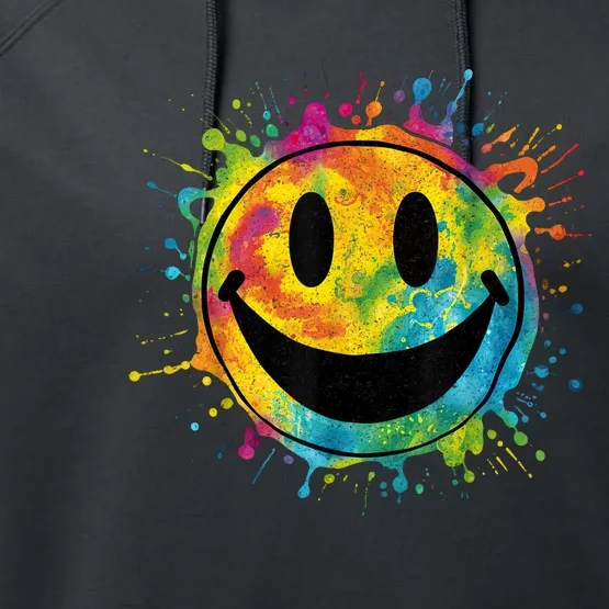 Retro Happy Face Rainbow Tiedye Splatter – 70s Peace Smile Performance Fleece Hoodie