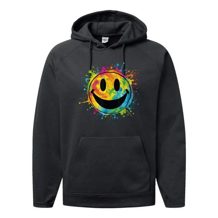 Retro Happy Face Rainbow Tiedye Splatter – 70s Peace Smile Performance Fleece Hoodie