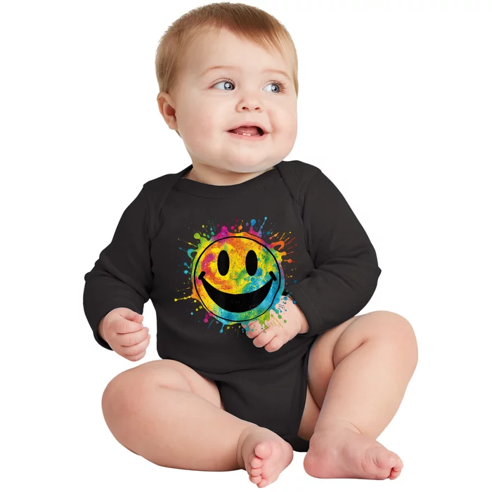 Retro Happy Face Rainbow Tiedye Splatter – 70s Peace Smile Baby Long Sleeve Bodysuit